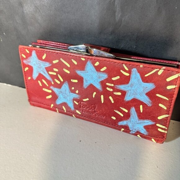 Fossil Genuine Leather Red Wallet Stars Graffiti Handmade Upcycle Vintage Purse - Picture 4 of 10